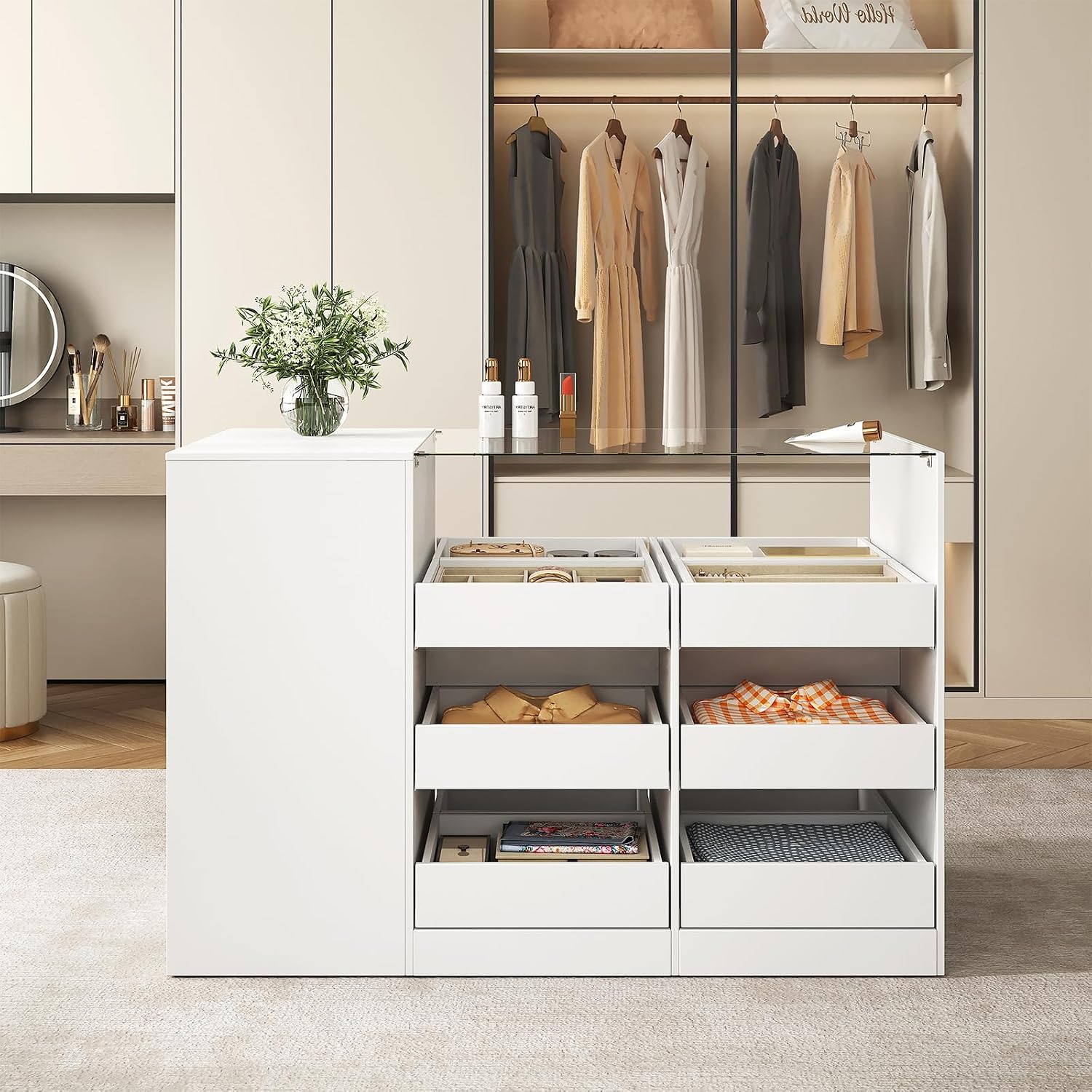 LIVAUVEAD Closet Island with 15 Drawers, Glass Top & Display Shelves, White | Wardrobe Armoire Bedroom Island, White Dresser with Glass Display Shelf, Walk-in Closet Island for Bedroom, Cloakroom