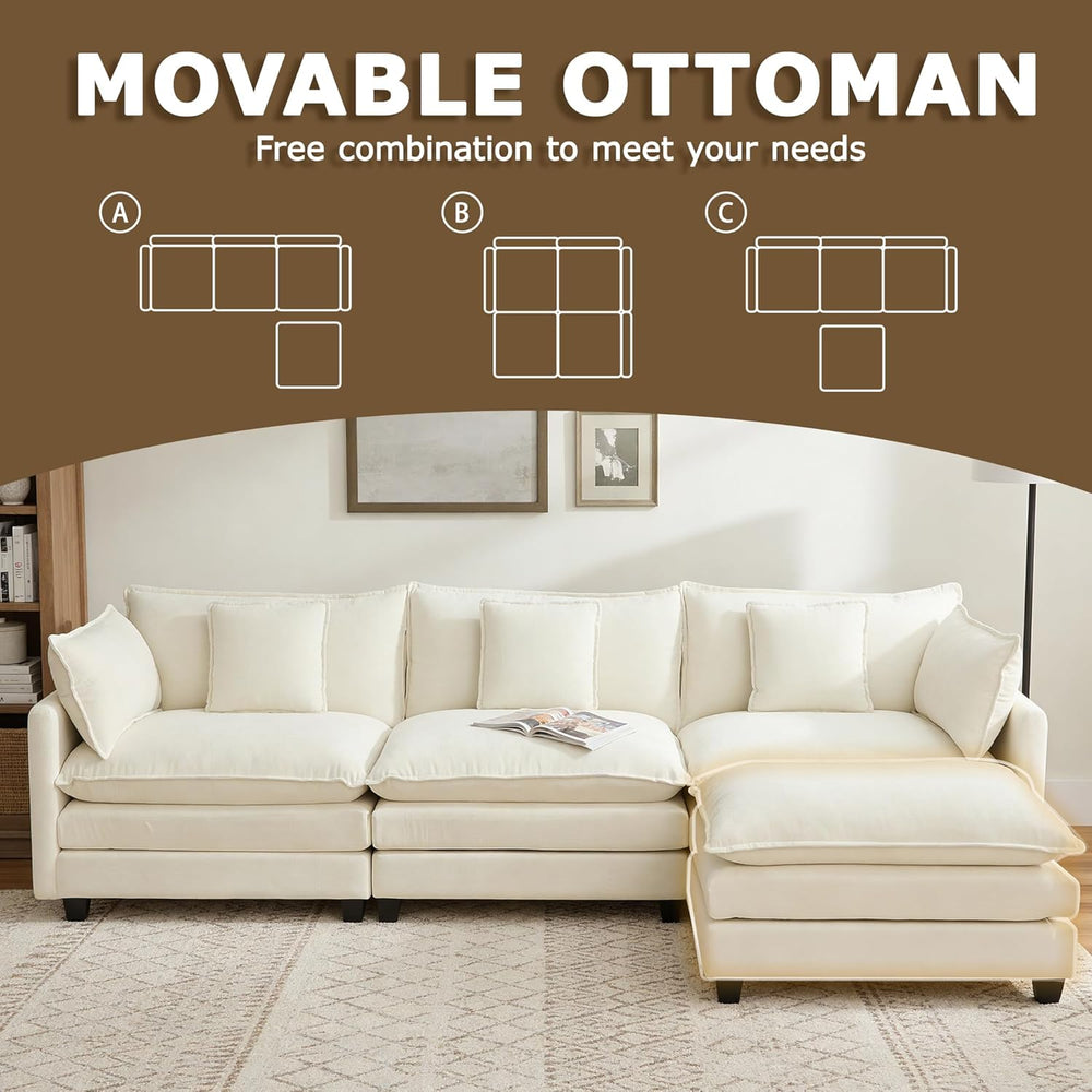 113" Modular Sectional Sofa, L Shaped Cloud Couch with Ottoman | Comfy C...