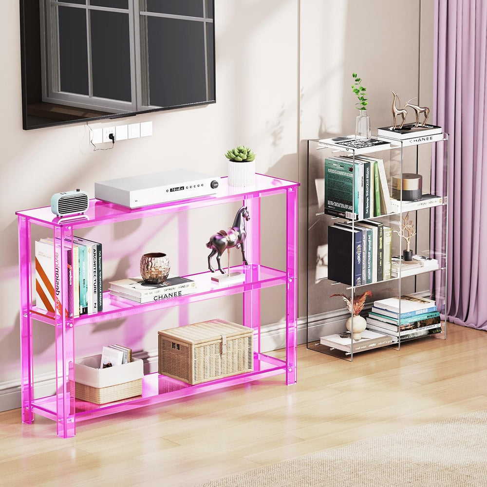 Acrylic Console Table, 3 Tier Entryway Table with Storage Shelves (Light Pink)