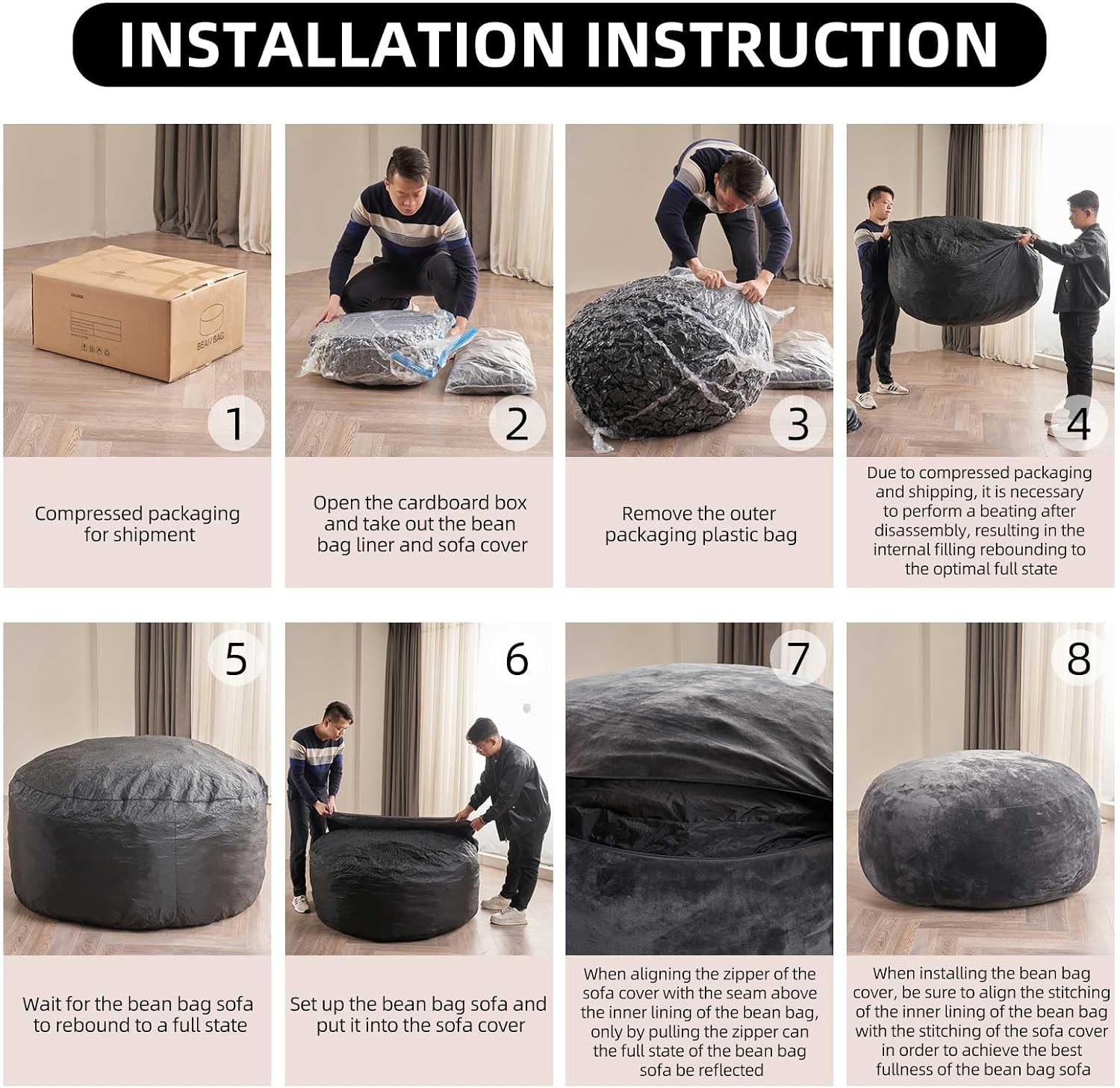 Extra Large Bean Bag Chairs for Adults，5FT,Bean Bags with Filler Included,Memory Foam Chair,Soft and Comfortable Jumbo Bean Bag,Leisure Chair Suitable for Bedroom and Balcony Dormitory (Black)