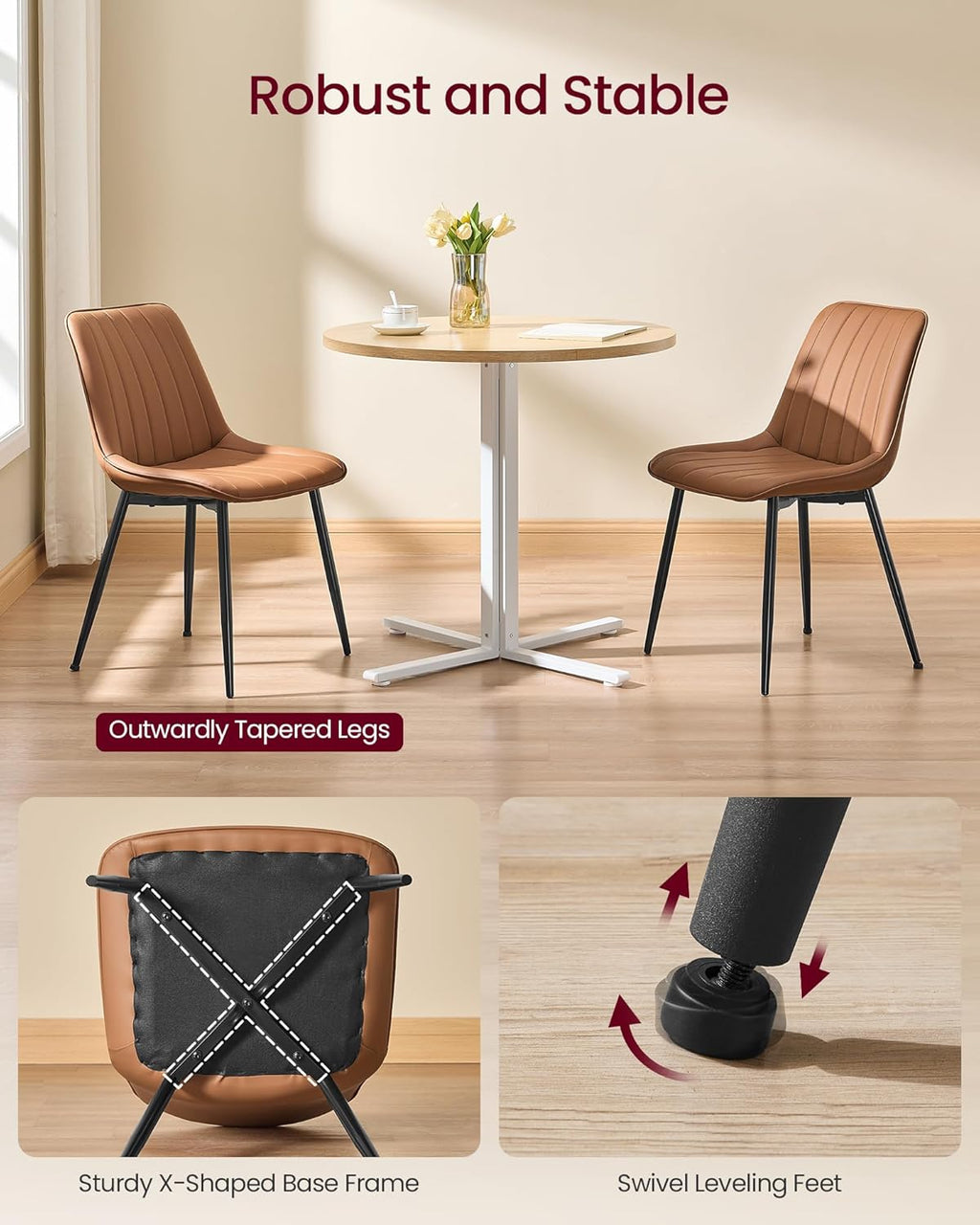 VASAGLE Dining Chairs Set of 4, Upholstered Kitchen Chairs, Synthetic Leather, Max. Load 264 lb, Steel Legs, Curved Backrest, for Dining Room, Caramel Brown and Ink Black ULDC090KN03-2J