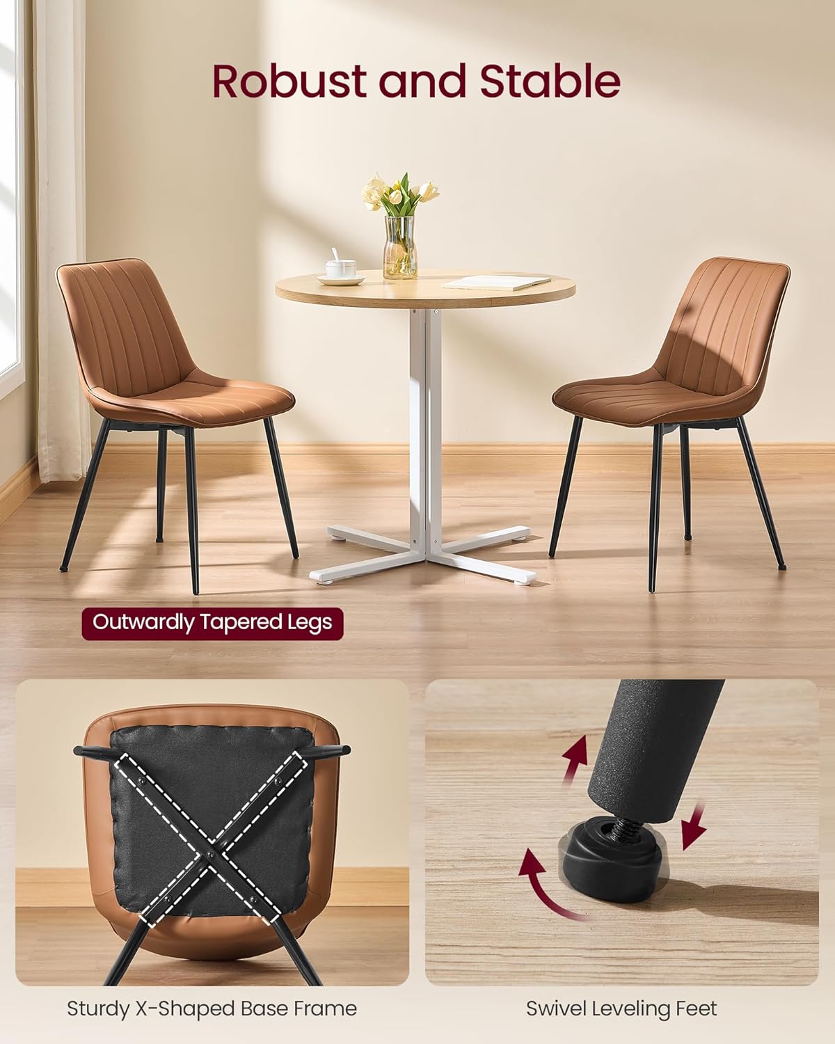 VASAGLE Dining Chairs Set of 4, Upholstered Kitchen Chairs, Synthetic Leather, Max. Load 264 lb, Steel Legs, Curved Backrest, for Dining Room, Caramel Brown and Ink Black ULDC090KN03-2J