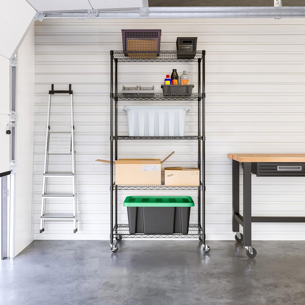Seville Classics UltraDurable Heavy Duty NSF Solid Steel Wire Rack Storage Unit, Organizer for Garage, Warehouse, Office, Restaurant, Classroom, Kitchen, Black, 5-Tier Shelving, 36" W x 18" D