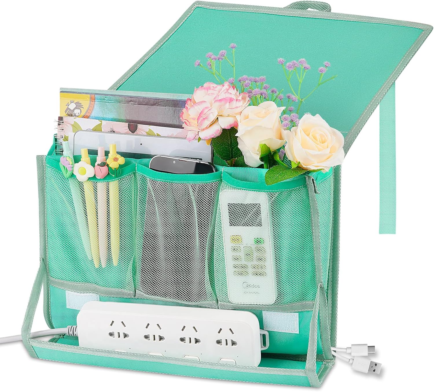 Bedside Caddy Bedside Storage Organizer Bedside Organizer with Power Strip Holder and 2 Adjustable Straps for Home Bunk Bed College Dorm Sofa (Green)