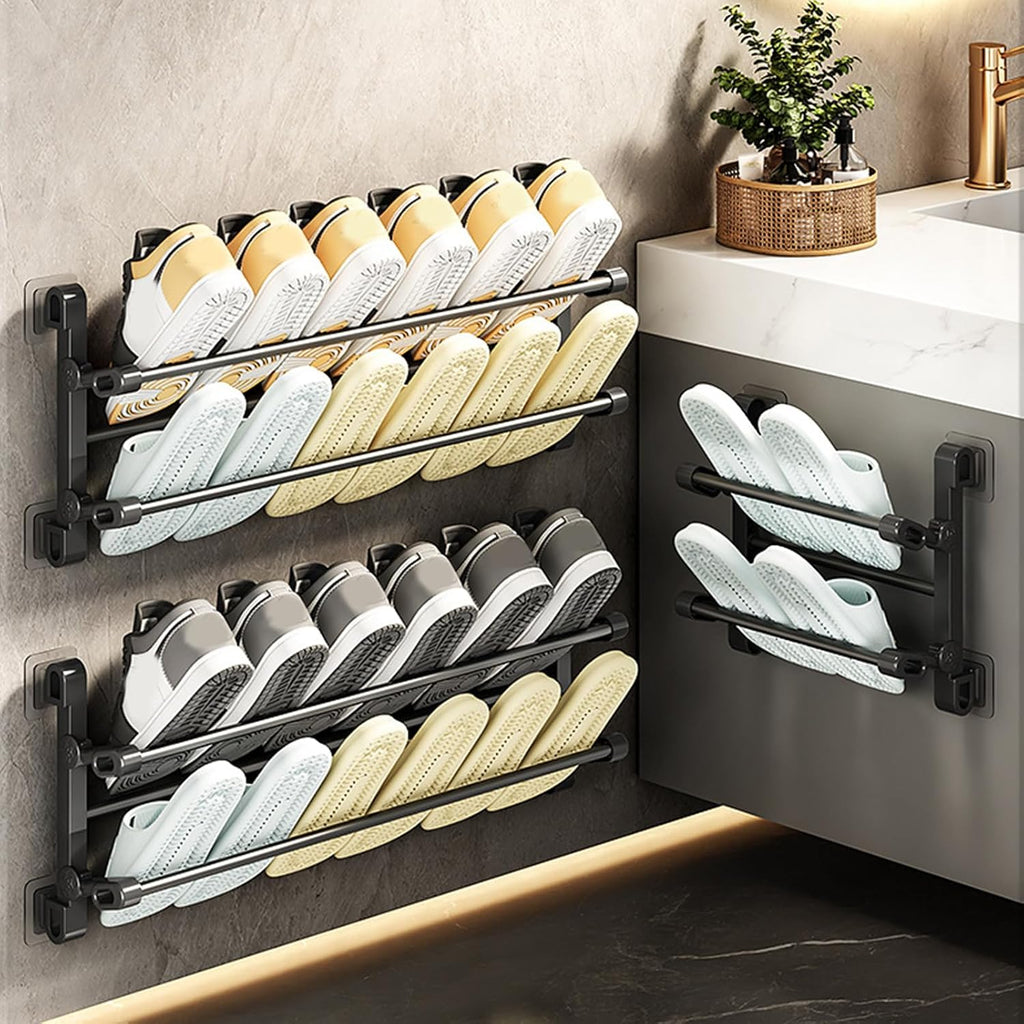 Portable Space Saving Wall Shoe Rack Foldable 2 Tiers Designs for Slipper and Light Shoes Without Drill Installation Multifunctional Shoe Rack