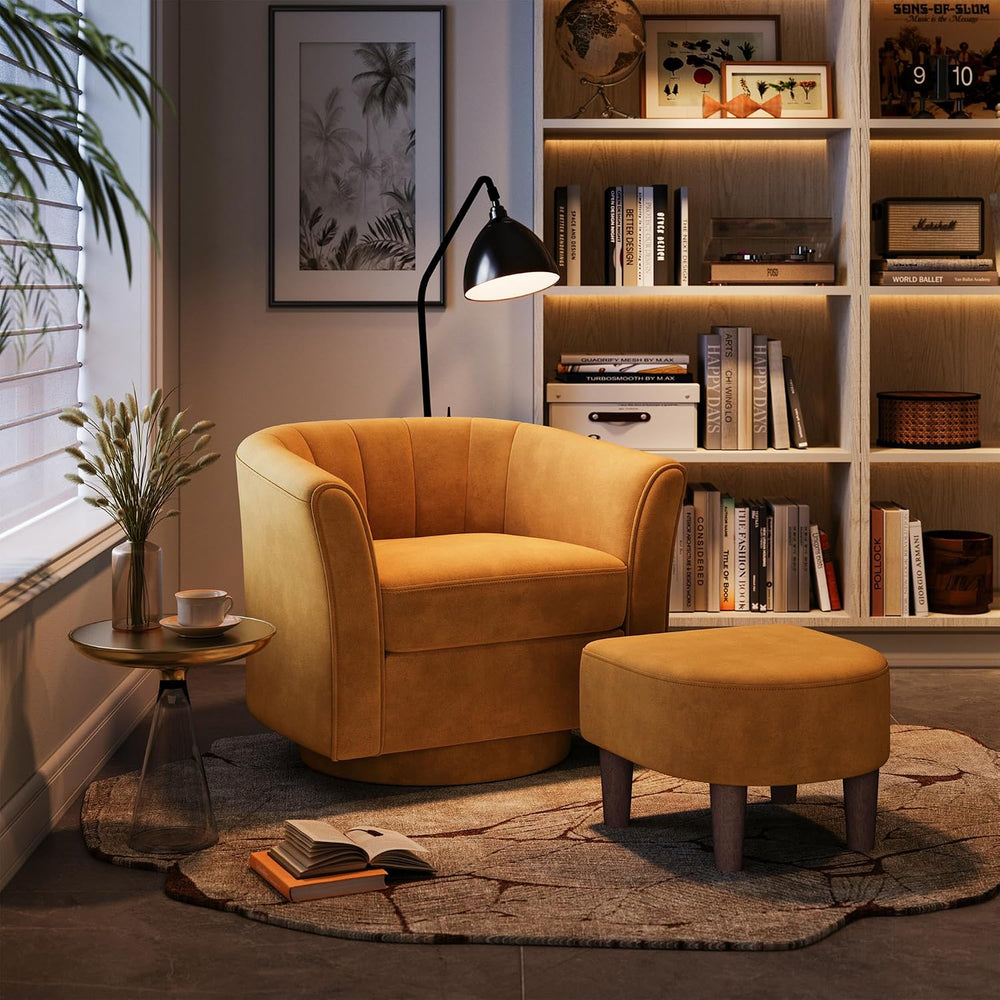 LINSY Large Swivel Accent Chair with Ottoman, Velvet Barrel Chair with Footre...