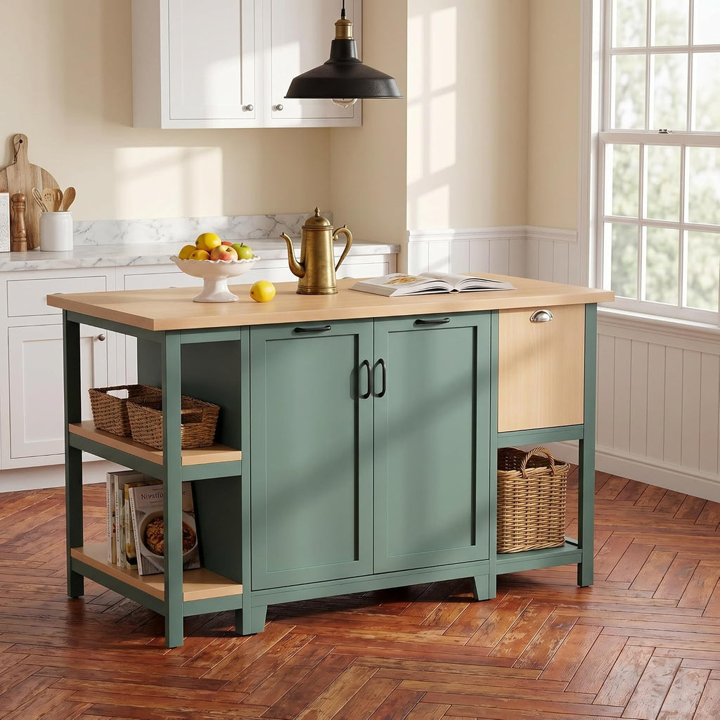 Christopher Knight Home Aaron 58" Kitchen Island with Storage, Modern Island Table for Kitchen, Storage Cabinet with Open Shelves, Wooden Kitchen Prep Table, Coffee Station Cabinet, Green+Natural