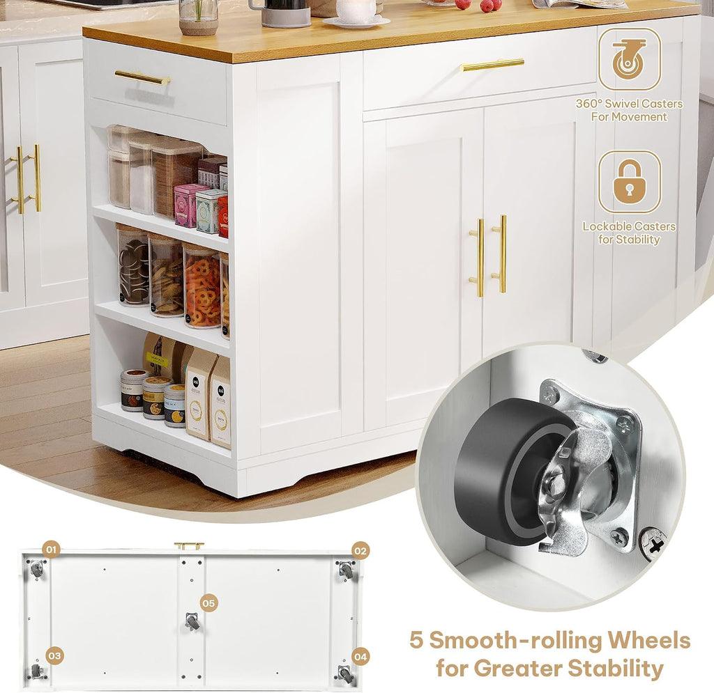 DWVO Large Kitchen Island with Trash Can Cabinet | 53 Inch Kitchen Island on Wheels, Rolling Island with Tilt‑Out Garbage Storage Fits 13 Gallon Bin
