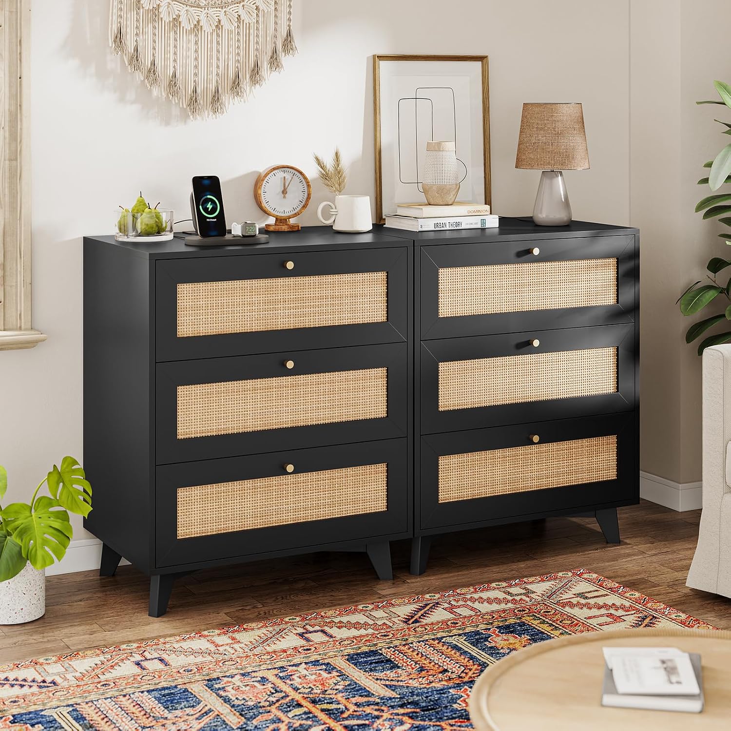 VIAGDO Rattan Nightstand with Charging Station, Black Rattan Night Stand with 3 Large Wicker Decorated Drawers, Boho Bedside Table, End Side Table, 3 Drawer Dresser for Bedroom