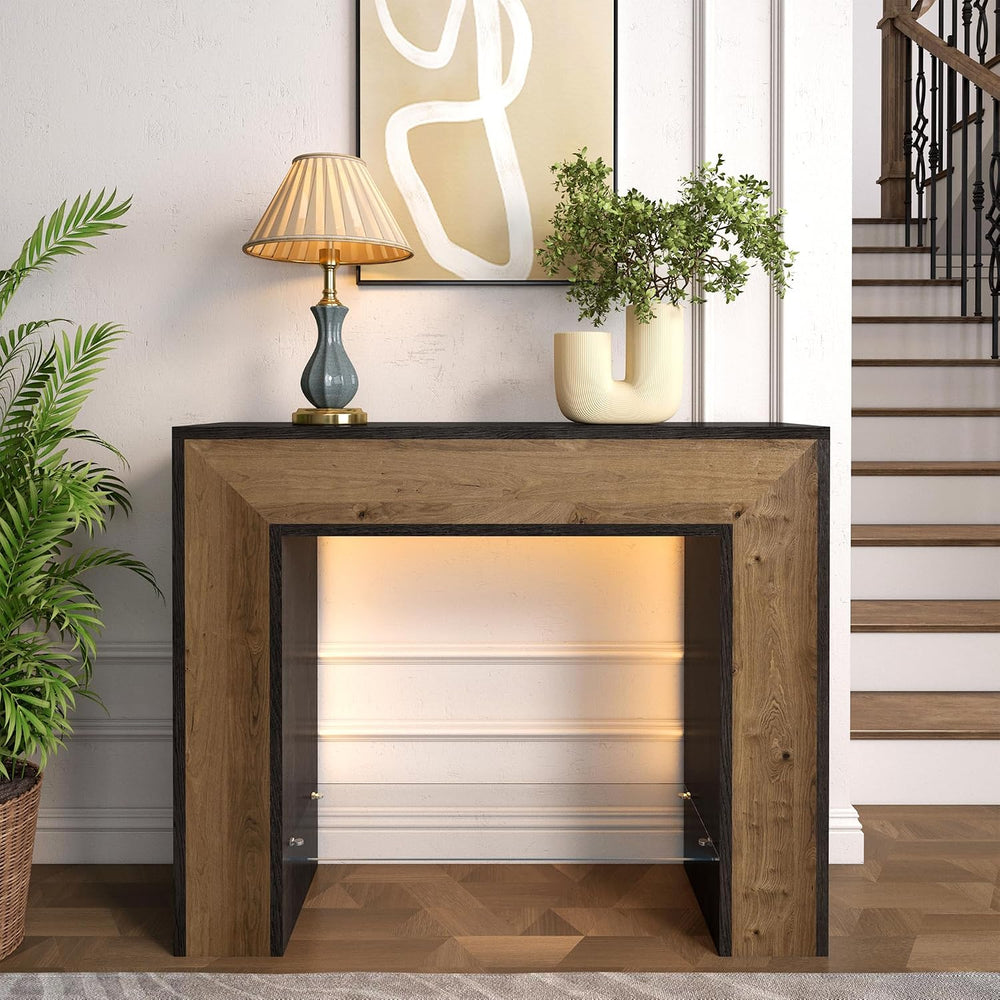 Rustic Console Table with Light, 41” Entryway Table with Glass Open Shelf | F...