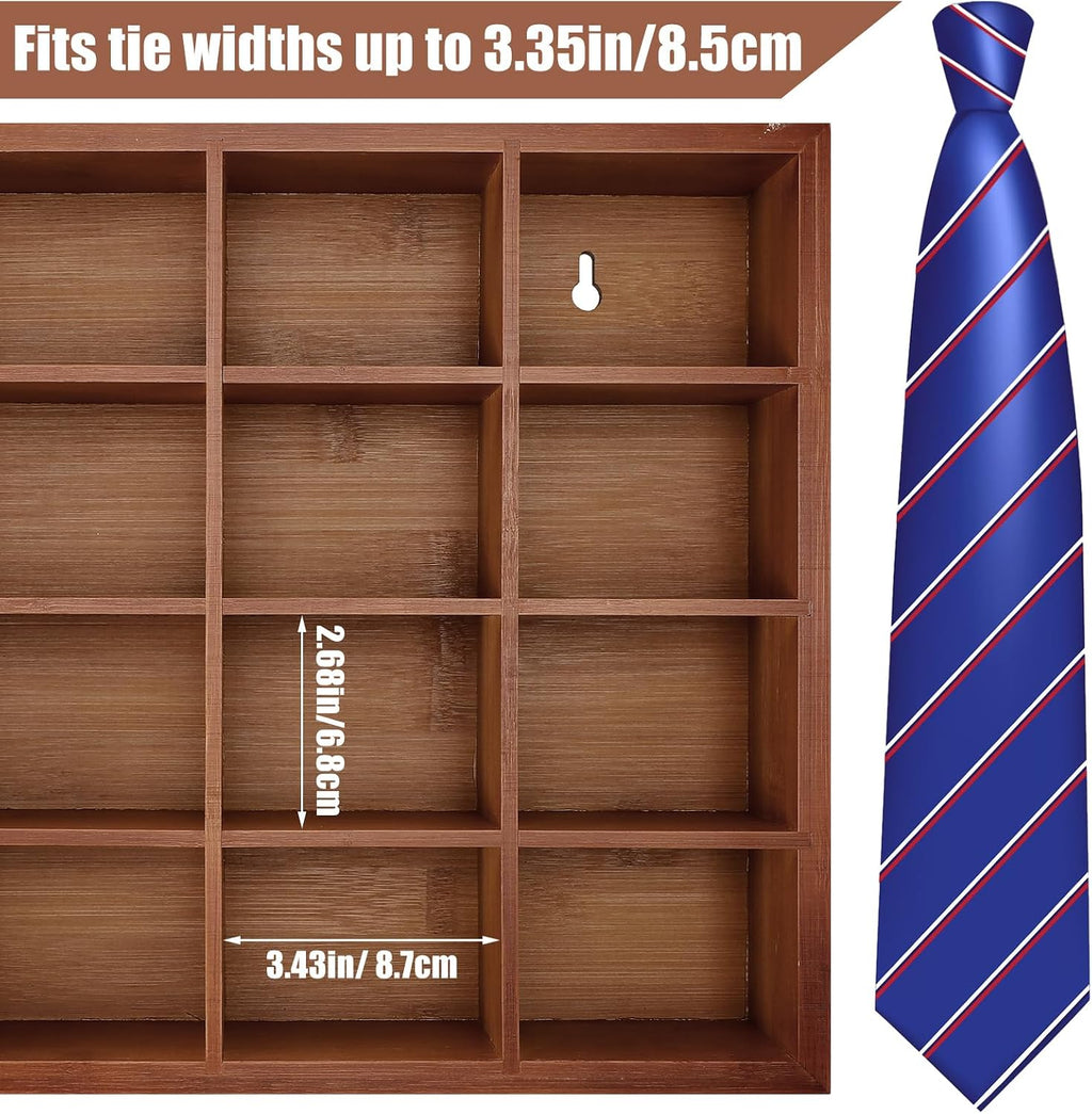 Wesiti Tie Box Organizer Wall Mounted Tie Rack with 16 Compartments Bamboo Belt Holder for Men Scarf Necktie Home Wall Closet (Dark Brown Color,1 Piece)