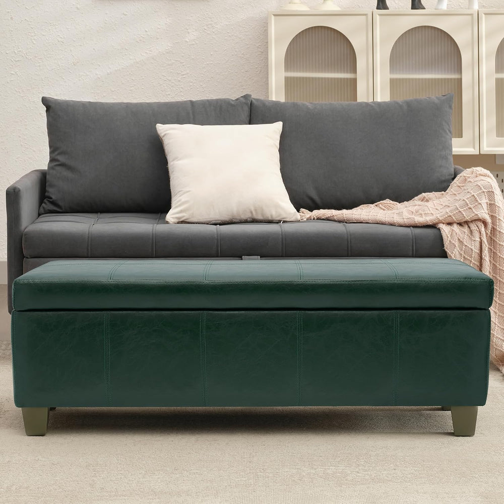 51 Inch Storage Ottoman, Storage Bench with Safety Hinge, Upholstered Synthet...