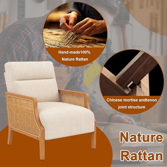 WENTMENT Modern Accent Chair, Armchair with Natural Rattan Armrest, Upholstered Living Room Chair Comfy Single Sofa Chair for Hosting Room/Bedroom,White