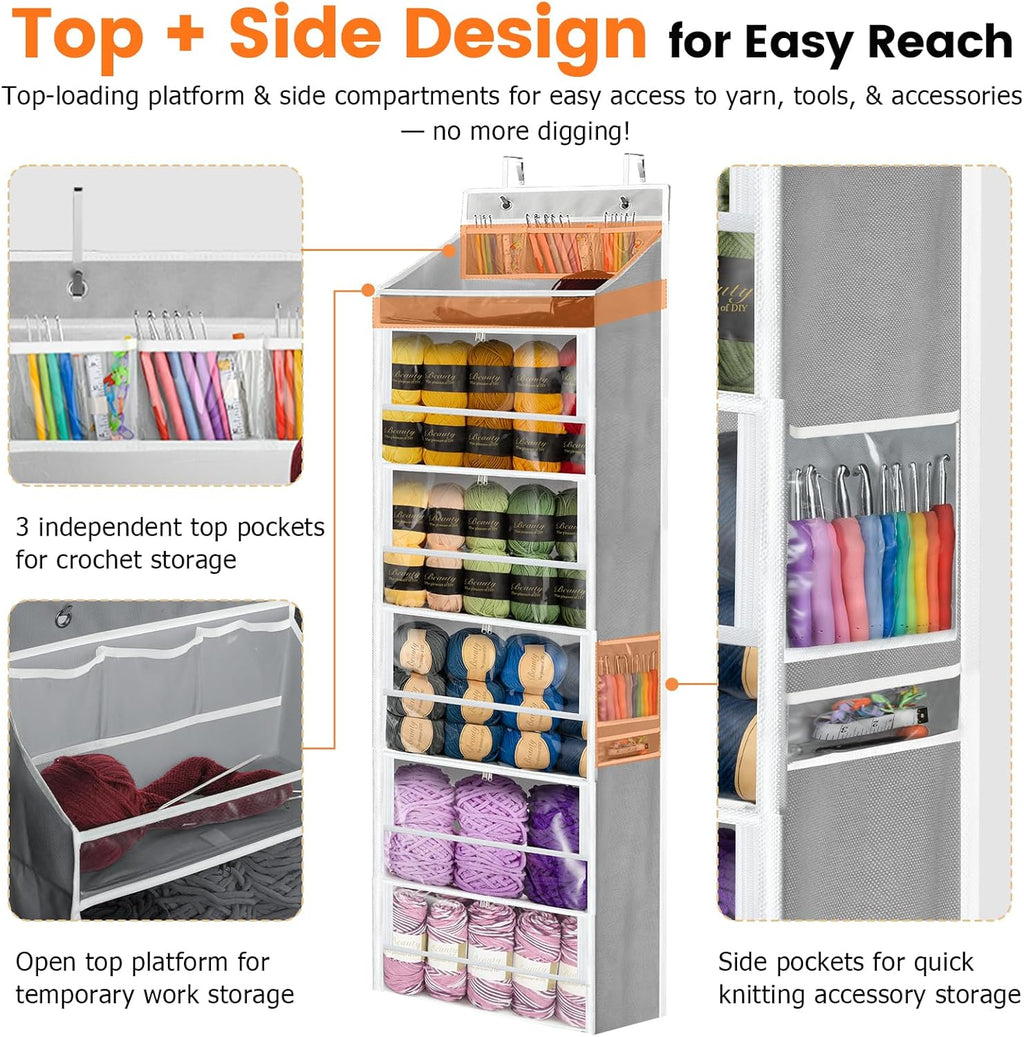 Yarn Storage Organizer, Grey Yarn Holder Over the Door Hanging Crochet Kit Storage with 5 Zippered Compartments, Large Capacity Sewing Organizer Gifts for Knitters Needles Crochet Hooks