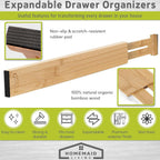 Bamboo Drawer Organizer Adjustable and Expandable - Ideal Drawer Dividers for Kitchen, Dresser, Bedroom and Bathroom - Expandable Drawer Organizer Set of 4 - Water-Resistant Finish