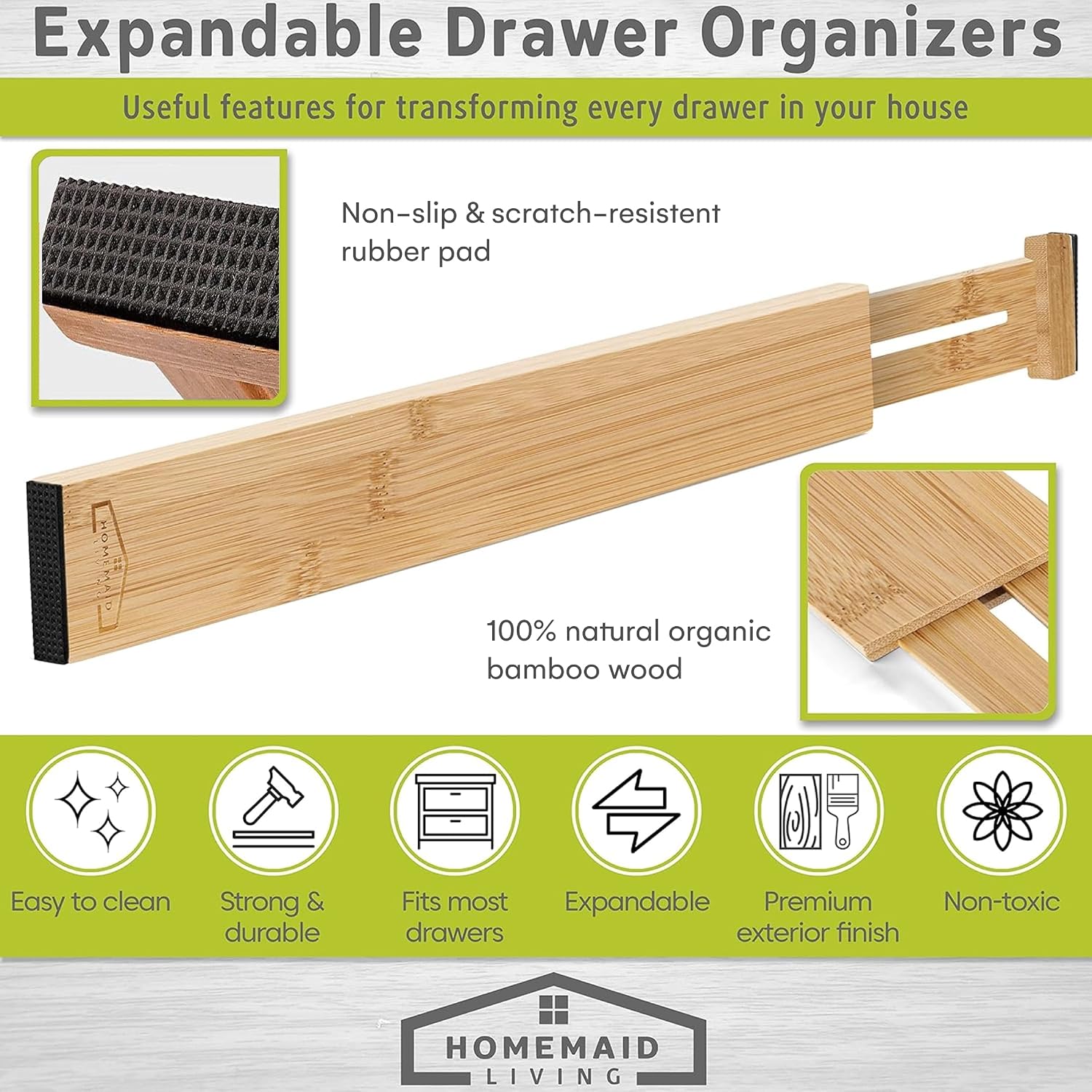 Bamboo Drawer Organizer Adjustable and Expandable - Ideal Drawer Dividers for Kitchen, Dresser, Bedroom and Bathroom - Expandable Drawer Organizer Set of 4 - Water-Resistant Finish