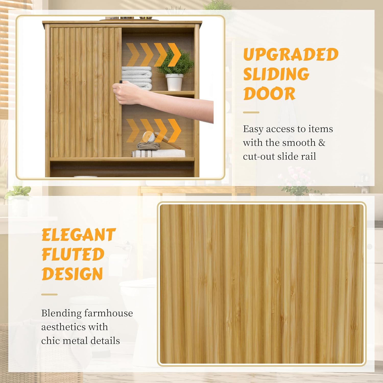 BlueWish Over The Toilet Storage Cabinet, Bamboo Over Toilet Storages with Fluted Door, Over The Toilet Cabinet Bathroom Organizer, Bathroom Shelf Over The Toilet, Storage Rack, Natural