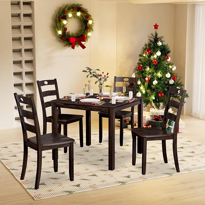 5-Piece Dining Table Set, Solid Rubber Wood Dining Room Table Set for 4, Modern Table and Chair Set for Kitchen Dining Room Restaurant Bar,Espresso