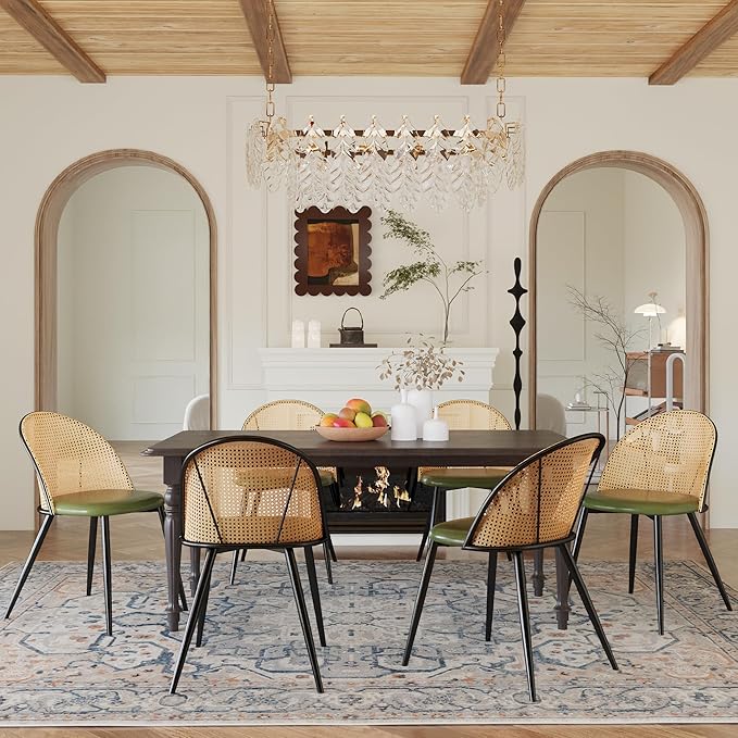 TYBOATLE Green Rattan Dinner Chairs Set of 4 with Faux Leather Cushion, Modern Dining Room Chairs w/Adjustable Foot Pads, Kitchen Boho Mid Century Upholstered