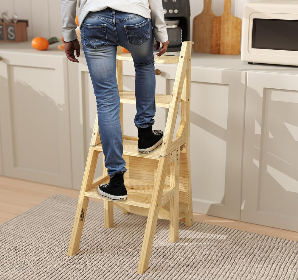Library Ladder 4 Tier Folding Step Stool Chair 3-in-1 Multi-Functional Wood S...