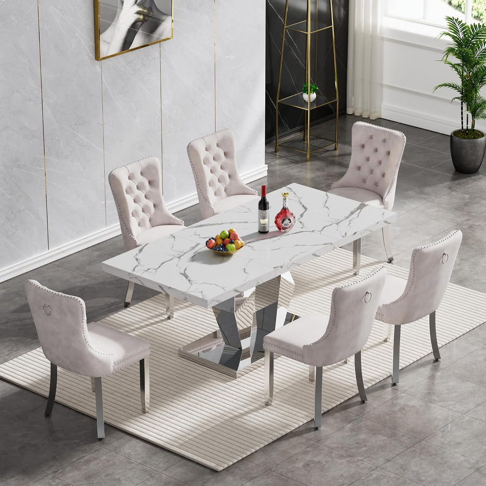 Henf Luxury Marble Dining Table for 6-8 Rectangular 70" Faux Marble Kitc...