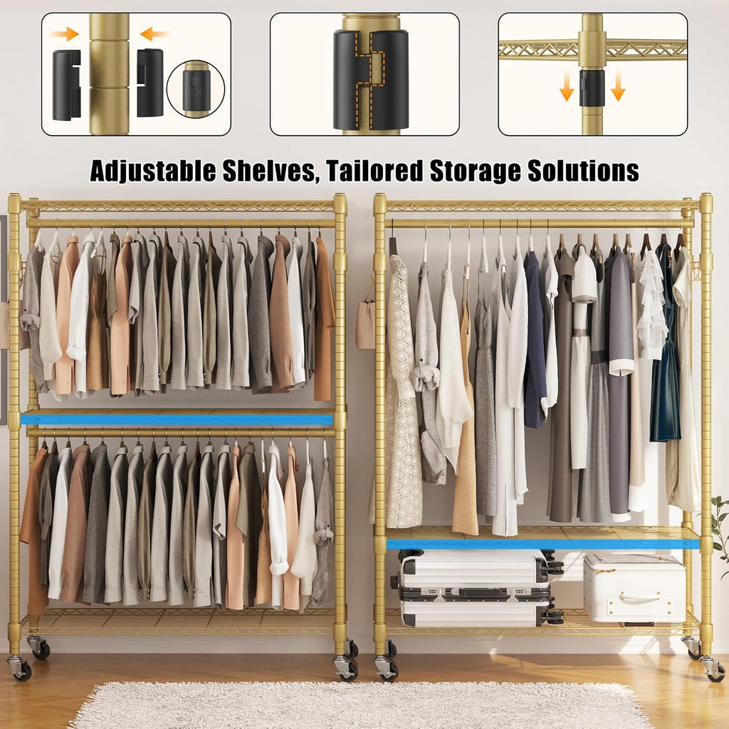 BATHWA Heavy Duty Garment Rack on Wheels, Rolling Clothes Racks for hanging clothes, Modern Closet Wardrobe Clothing Rack with 8 Side Hangers, Gold