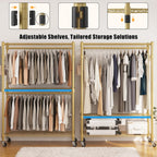 BATHWA Heavy Duty Garment Rack on Wheels, Rolling Clothes Racks for hanging clothes, Modern Closet Wardrobe Clothing Rack with 8 Side Hangers, Gold