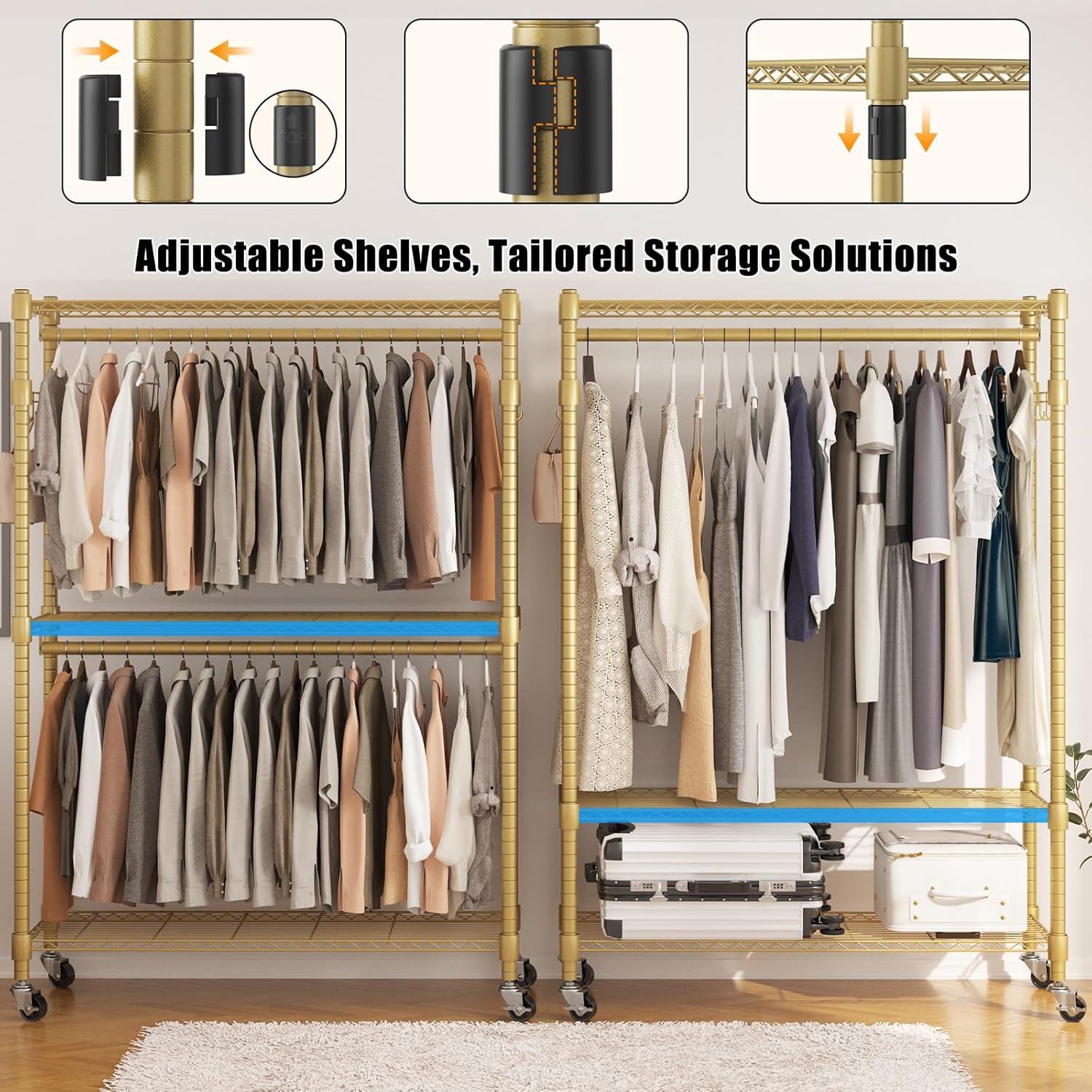 BATHWA Heavy Duty Garment Rack on Wheels, Rolling Clothes Racks for hanging clothes, Modern Closet Wardrobe Clothing Rack with 8 Side Hangers, Gold