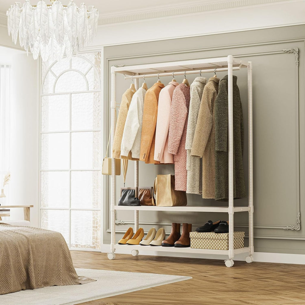 IZEUK Heavy Duty Rolling Garment Rack Wire Clothes Rack for Hanging Clothes, Metal Freestanding Closet Wardrobe Rack with Double Rods and Side Hooks Gold 17.7" D x 45.3" W x 70.3" H