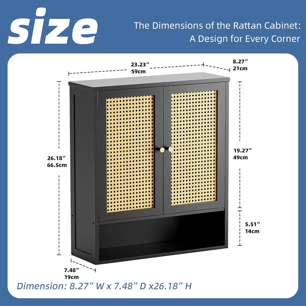 HITNET Wall Cabinet, Bamboo Medicine Cabinet with Rattan Doors and Adjustable Shelf, Bathroom Hanging Storage Organizer Over Toilet for Small Space (Black)