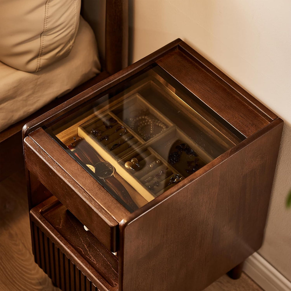 Solid Wood End Table with Glass Top and Drawers, Narrow Nightstand with Pull-...