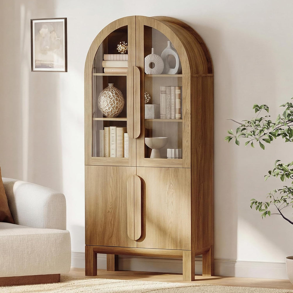 WAMPAT 71" Tall Arched Kitchen Pantry Cabinet with Glass Door, Modern Fa...