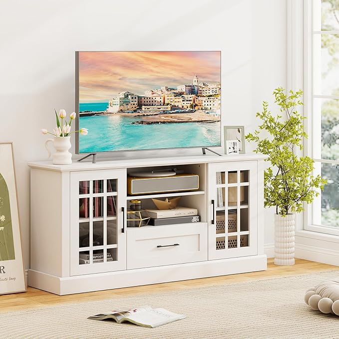 GOFLAME Farmhouse TV Stand for TVs up to 70", Entertainment Media Center Storage Cabinet with Glass Doors, Open Shelves & Drawer, Wooden Television Console Table for Living Room (White)
