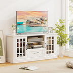 GOFLAME Farmhouse TV Stand for TVs up to 70", Entertainment Media Center Storage Cabinet with Glass Doors, Open Shelves & Drawer, Wooden Television Console Table for Living Room (White)