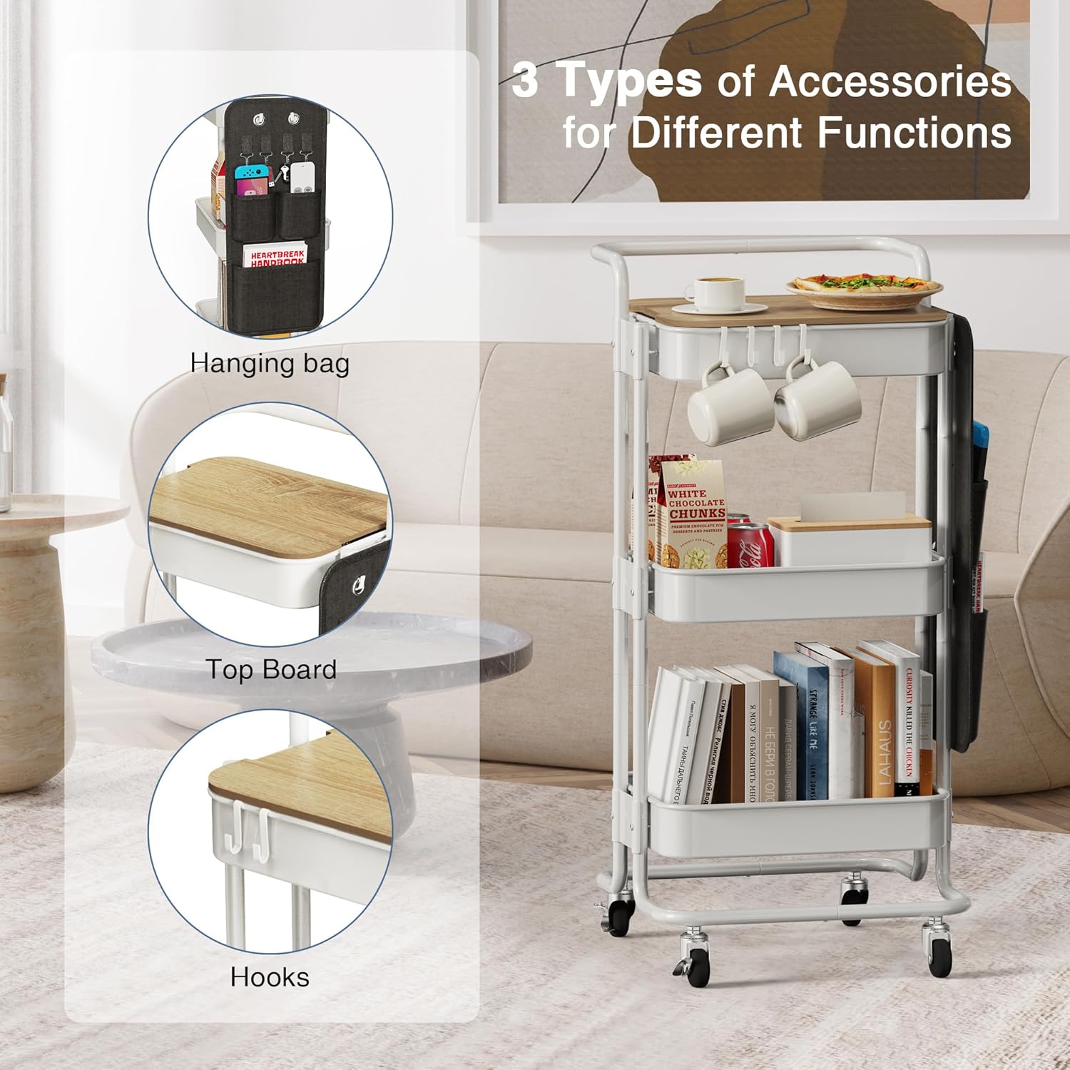 DTK 3 Tier Metal Utility Rolling Cart with Table Top and Side Bags, Metal Tray Storage Organizer Cart with Wheels, Art Craft Cart with 4 Hooks for Kitchen Bathroom Office Living Room (White)