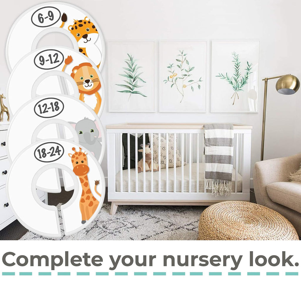 Baby Closet Size Dividers for Baby Clothes - 7X Dividers, Safari [White] | Elephant Giraffe Zebra Lion Monkey Cheetah, Nursery Closet Dividers for Baby Clothes, Nursery Decor, For Boy or Girl