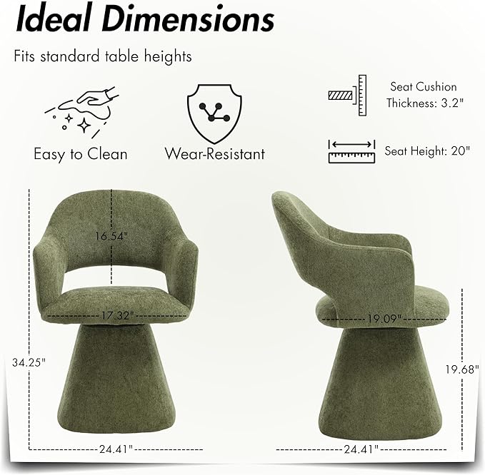 360° Swivel Dining Chair with Arms Set of 4, Chenille Upholstered Barrel Accent Kitchen Chairs with Hollow High Back, Deskchair for Dining Room Bedroom Vanity, Moss Green