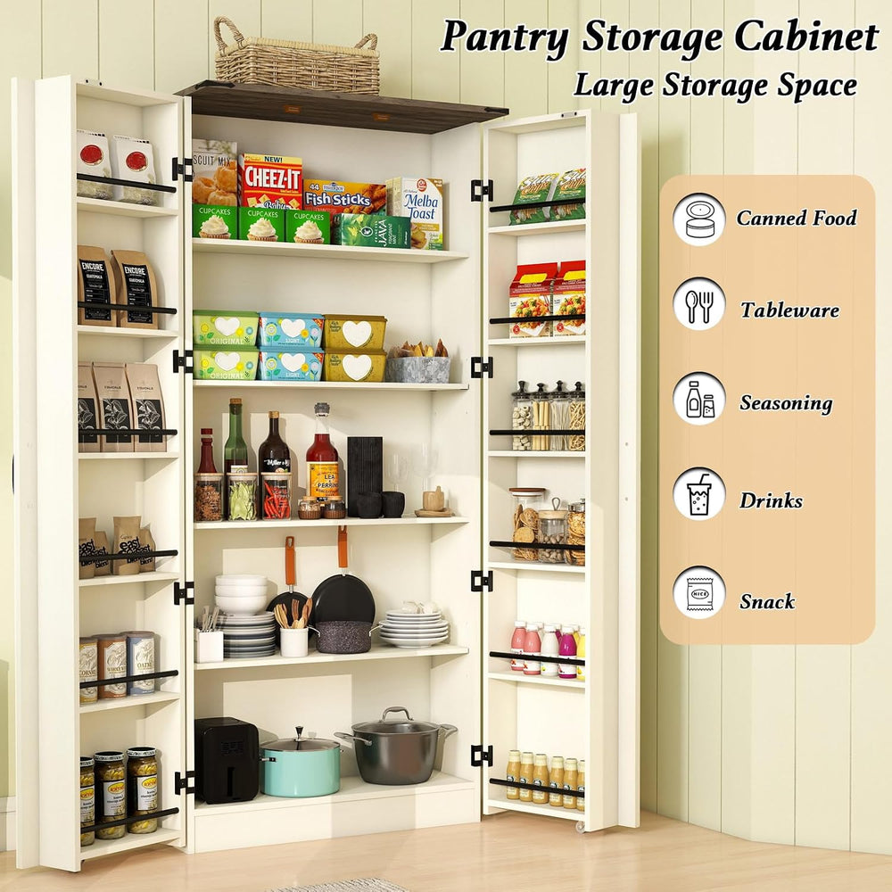 Tall Kitchen Pantry Cabinet, White Wood Storage Cabinet with 2 Doors | Food P...