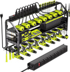 Power Tool Organizer Wall Mount with Charging Station, 8 Drill Holder with 8-Outlet Power Strip, Garage Cordless Drill Storage and Organization, Battery Utility Rack