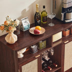Lerliuo Rattan Wine Bar Cabinet with 2 Doors, Walnut | Boho Liquor Cabinet with Wine Racks & 2 Open Shelves & Rounded Corners for Living Room, Dining Room, Kitchen