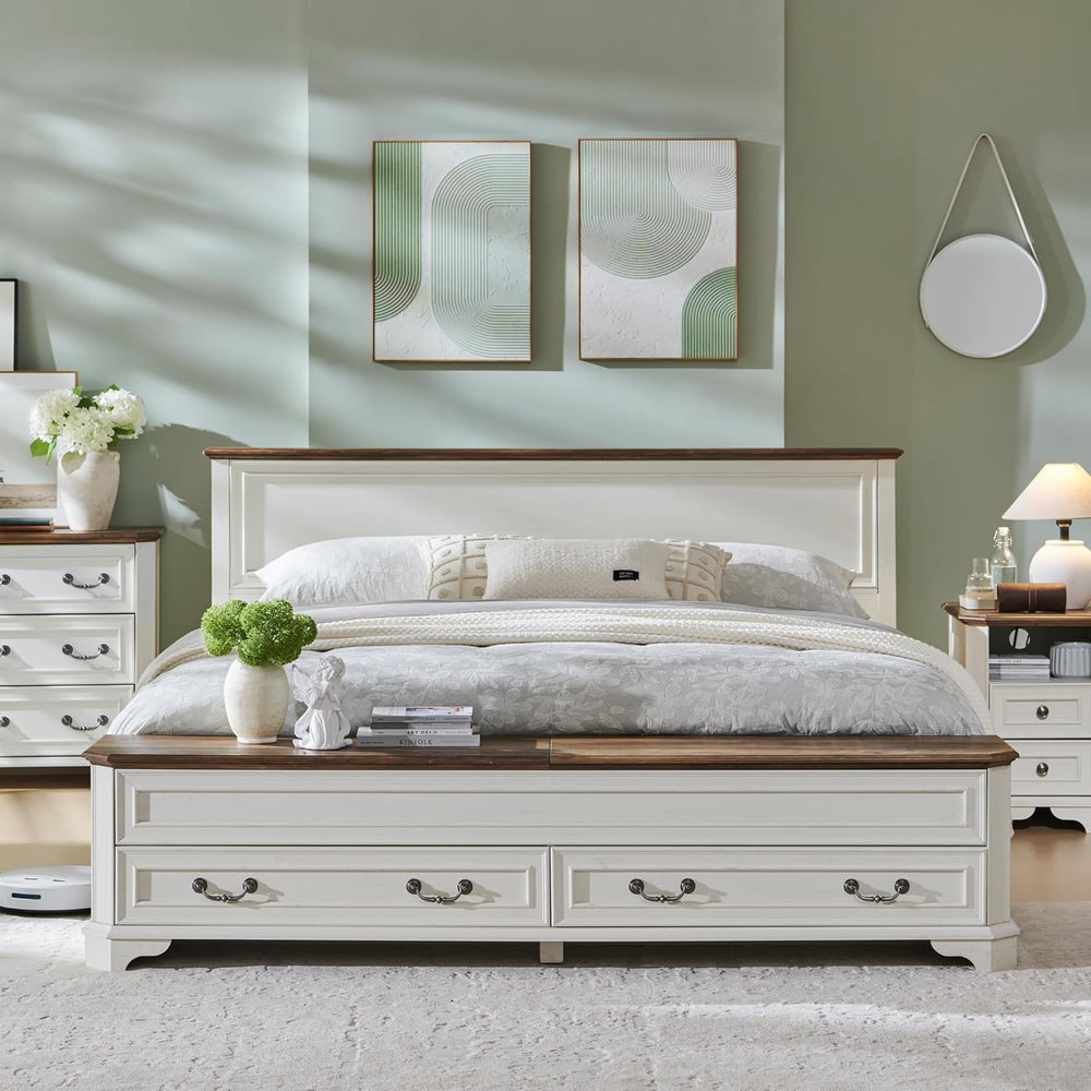 T4TREAM Farmhouse King Bed with Headboard and Storage Bench, Antique White