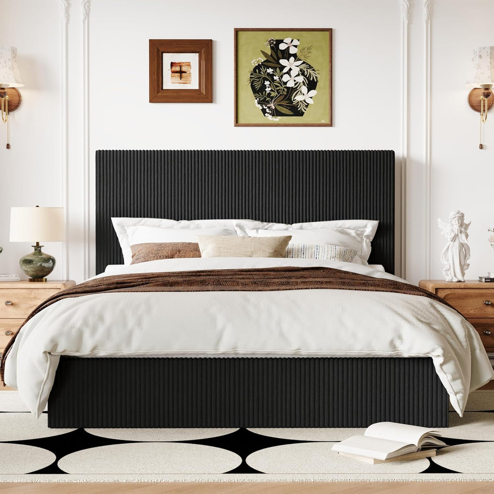 Allewie Queen Bed Frame, Adjustable Corduroy Headboard, Platform, Black