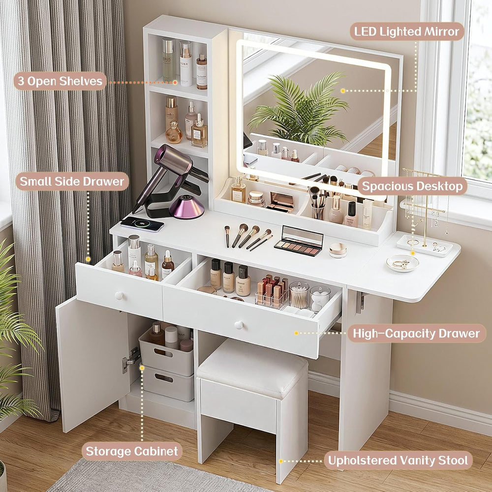 Haewon Vanity Desk Set with Lighted Mirror and Chair, White | Makeup Table wi...