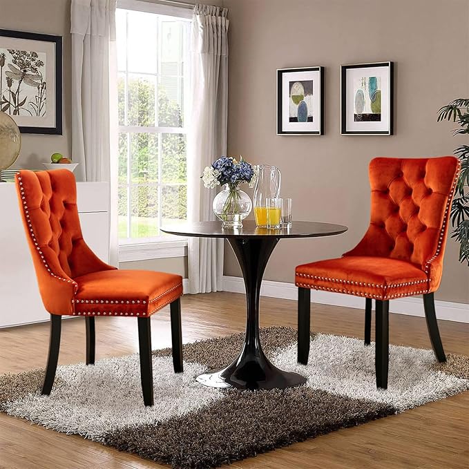 Velvet Upholstered Dining Chairs Set of 2, Modern Style Kitchen Side Chairs with Nailhead Trim and Wood Legs,Metal Pulling Ring for Dining Room Living Room(Orange,Set of 2)