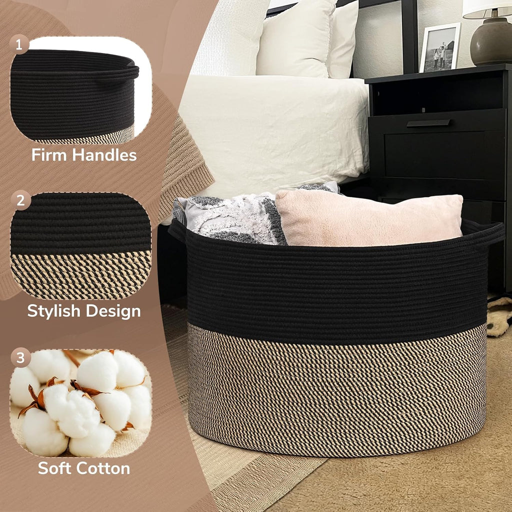 Goodpick 115L Extra Large Blanket Basket, Kids Toy Storage for Nusery Room | 23.5 x 23.5 x 15.8 In Woven Basket for Storage, Kids Toy Storage for Playroom, Laundry Basket for Towels, Black & Mix Jute