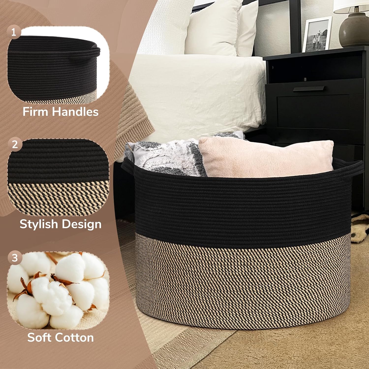 Goodpick 115L Extra Large Blanket Basket, Kids Toy Storage for Nusery Room | 23.5 x 23.5 x 15.8 In Woven Basket for Storage, Kids Toy Storage for Playroom, Laundry Basket for Towels, Black & Mix Jute
