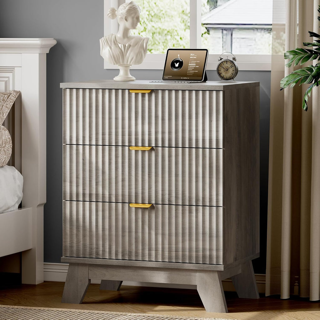 Fluted Nightstand with Charging Station, 24" Wide Bedside Table with 3 Large Storage Drawers, Modern Wood Side Table Night Stand, End Table Small Dresser for Bedroom, Living Room, Dorm, Grey