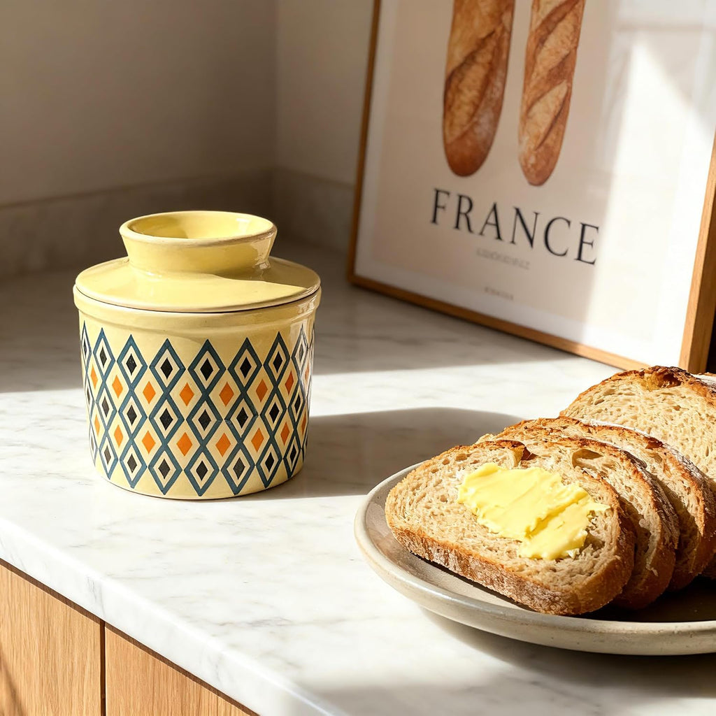 Butter Crock with Lid for Countertop, Butter Keeper Crock with Water, French Butter Dish Ceramic, Butter Holder with Lid for Spreadable Butter, Butter Container for Counter (Retro Diamond, Ivory)