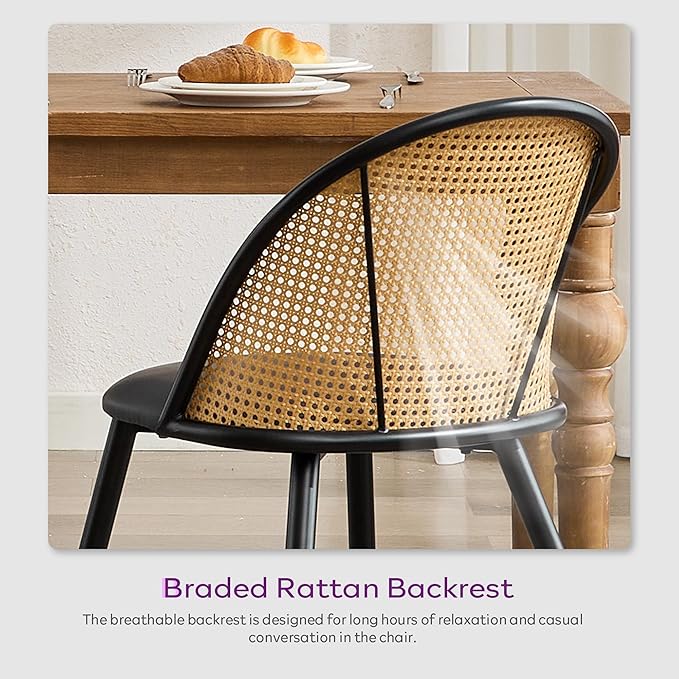 TYBOATLE Black Rattan Dinner Chairs Set of 4 with Faux Leather Cushion, Modern Dining Room Chairs w/Adjustable Foot Pads, Kitchen Boho Mid Century Upholstered