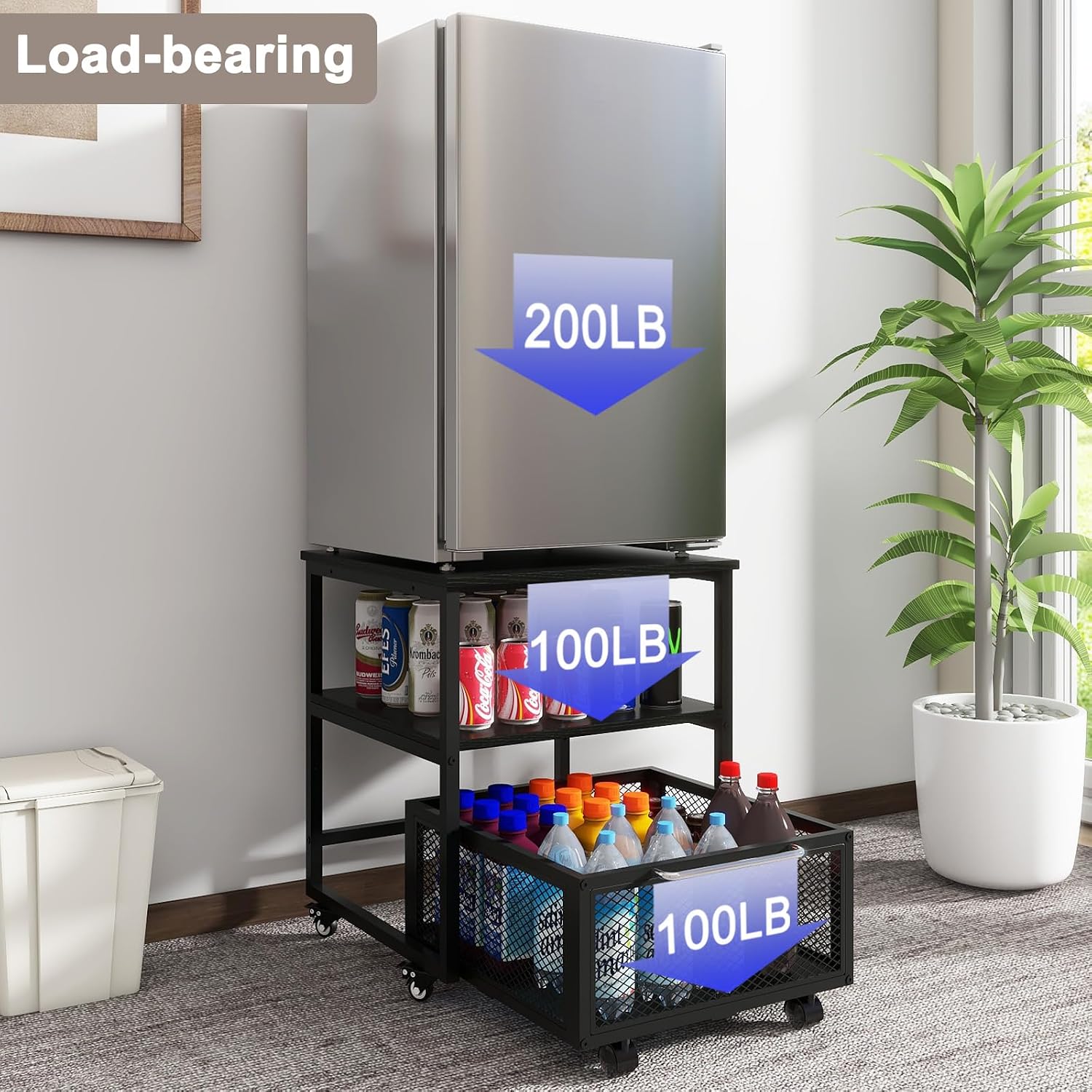 PUNCIA 19.7"x19.7" Mini Fridge Stand 3-Tier Beverage Fridge Table, Black | 220-LB Capacity Beverage Refrigerator Table, Heavy Duty Rolling Organizer with Drawers for Dorm Apartment Office Bedroom